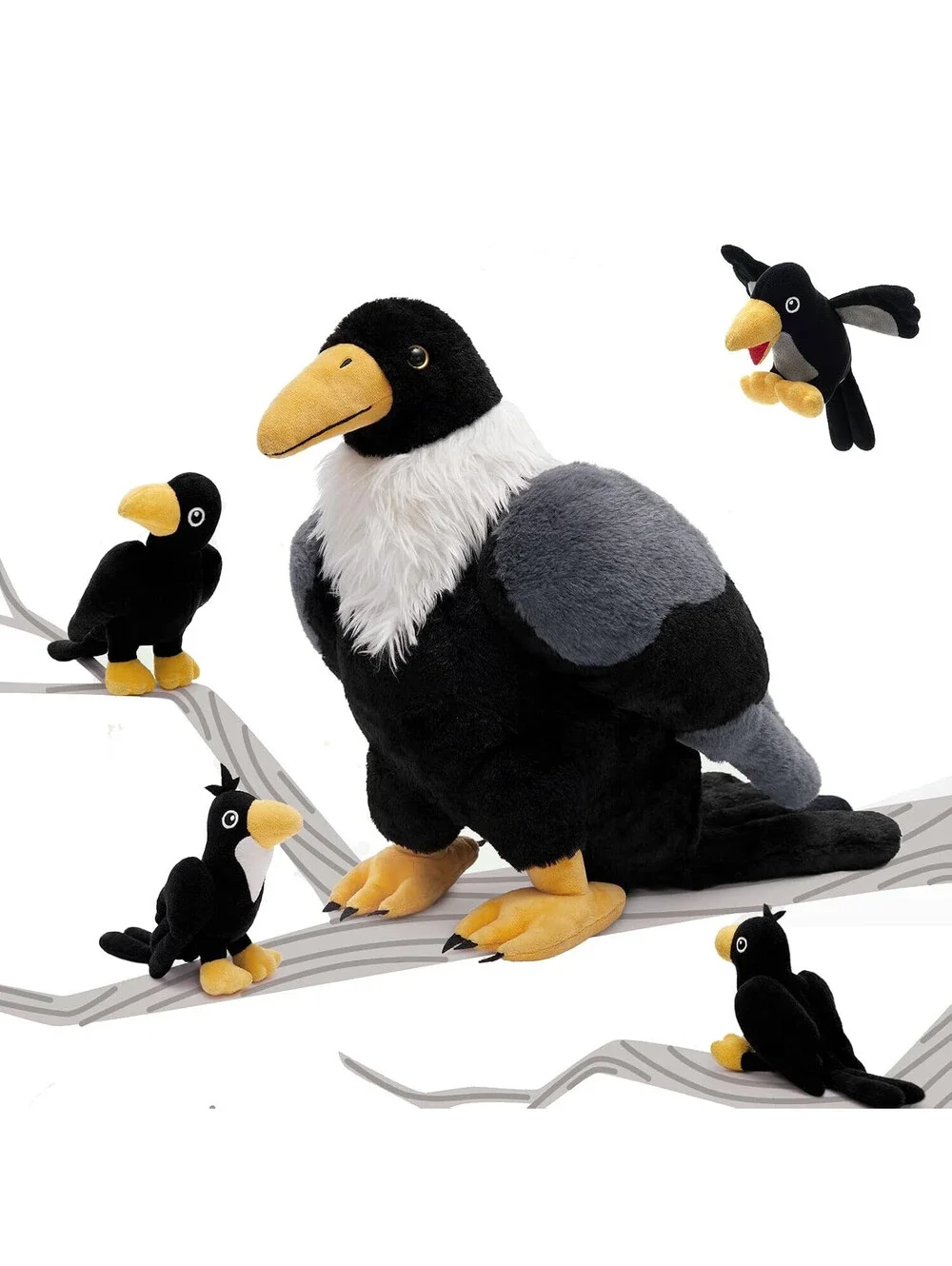 MorisMos Crow Raven Stuffed Animals, 26'' Mommy Raven Plush with 4 Baby Crow NEW